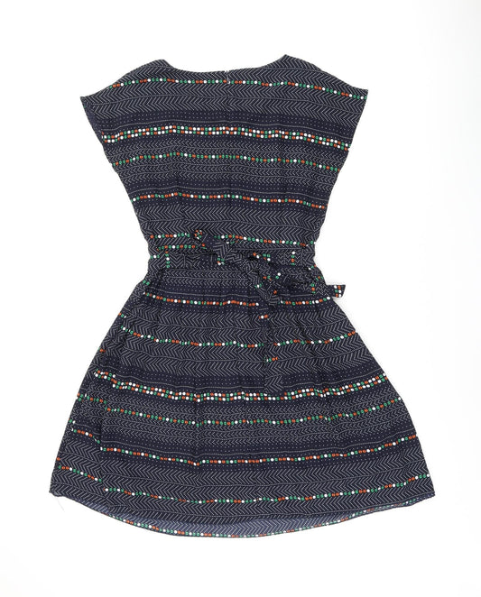 Instant Vintage Womens Blue Geometric Polyester Skater Dress One Size Boat Neck Zip