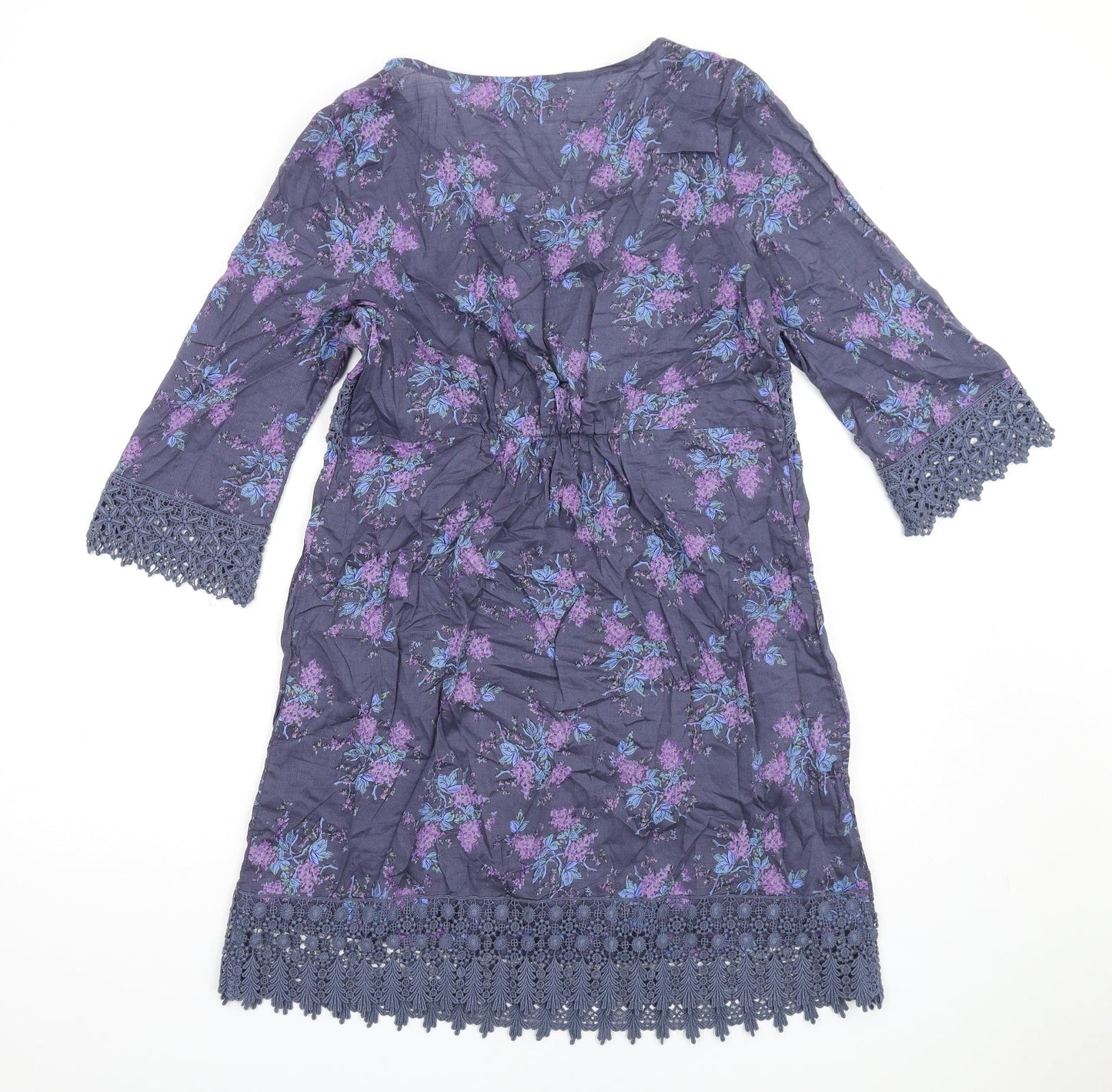 Indigo Womens Blue Floral Cotton A-Line Size 10 Square Neck Pullover