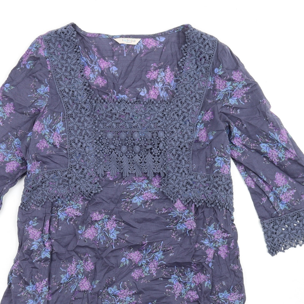 Indigo Womens Blue Floral Cotton A-Line Size 10 Square Neck Pullover