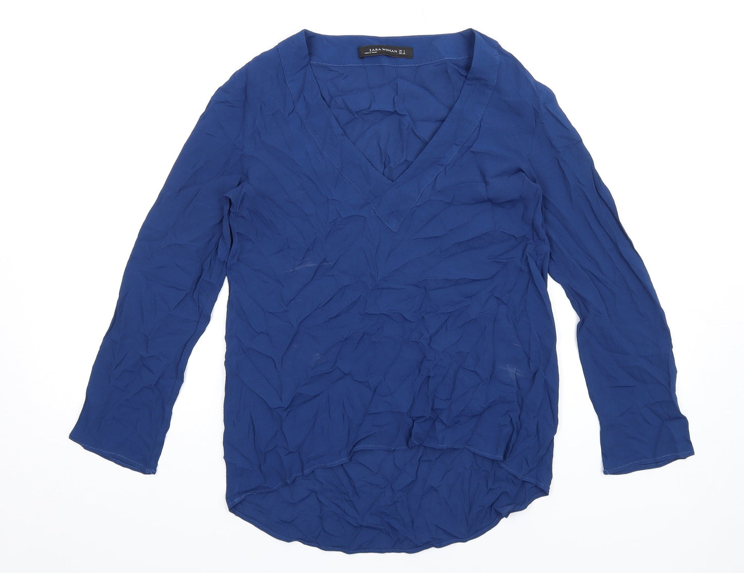 Zara Womens Blue Polyester Basic T-Shirt Size S V-Neck
