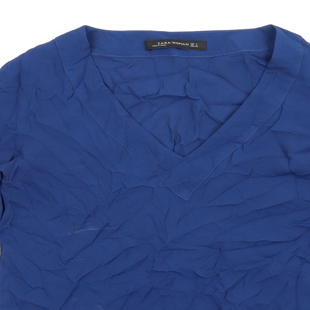 Zara Womens Blue Polyester Basic T-Shirt Size S V-Neck