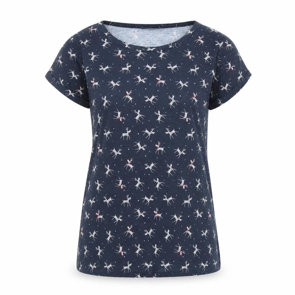 Marks and Spencer Womens Blue Geometric Polyester Basic T-Shirt Size 10 Round Neck - Reindeer