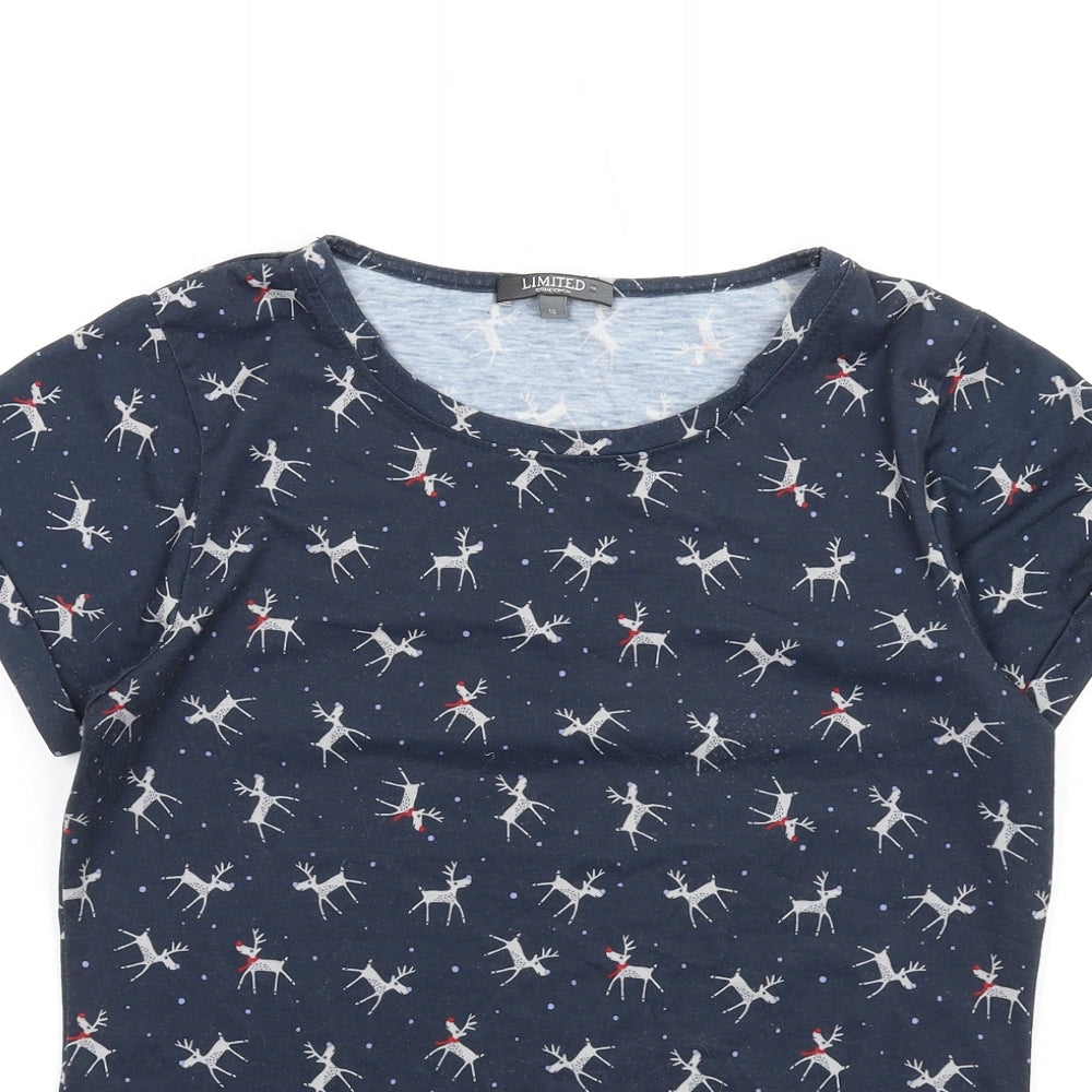 Marks and Spencer Womens Blue Geometric Polyester Basic T-Shirt Size 10 Round Neck - Reindeer
