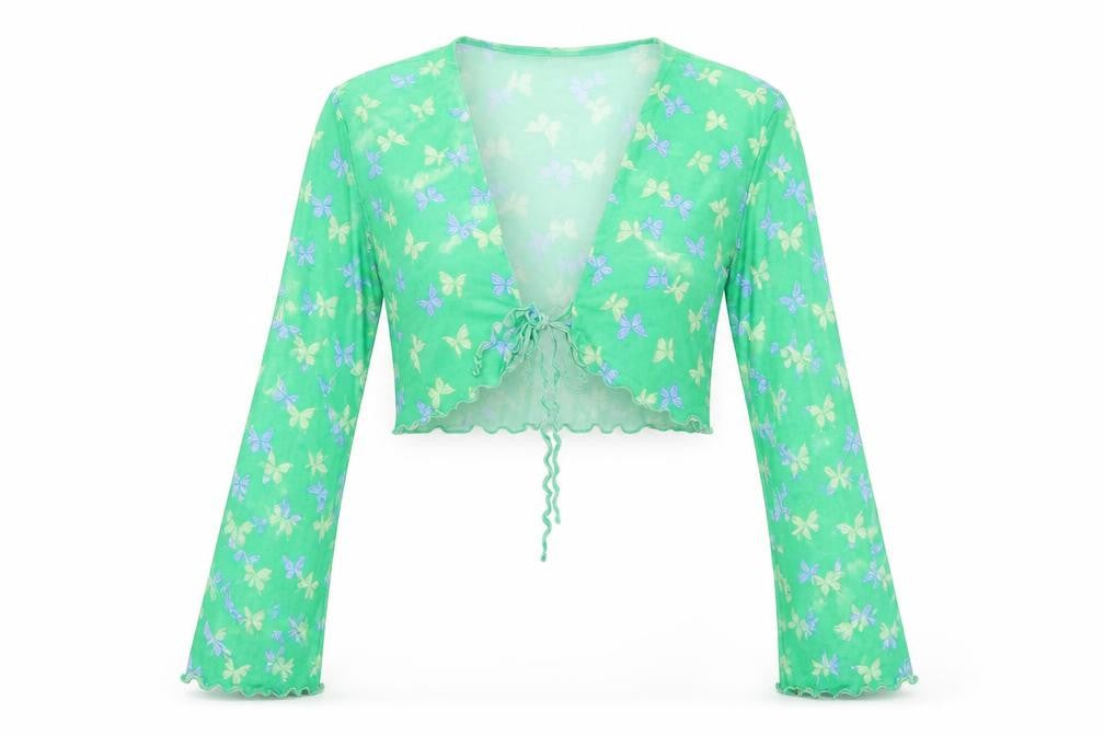 H&M Womens Green Geometric Polyester Cropped T-Shirt Size S V-Neck