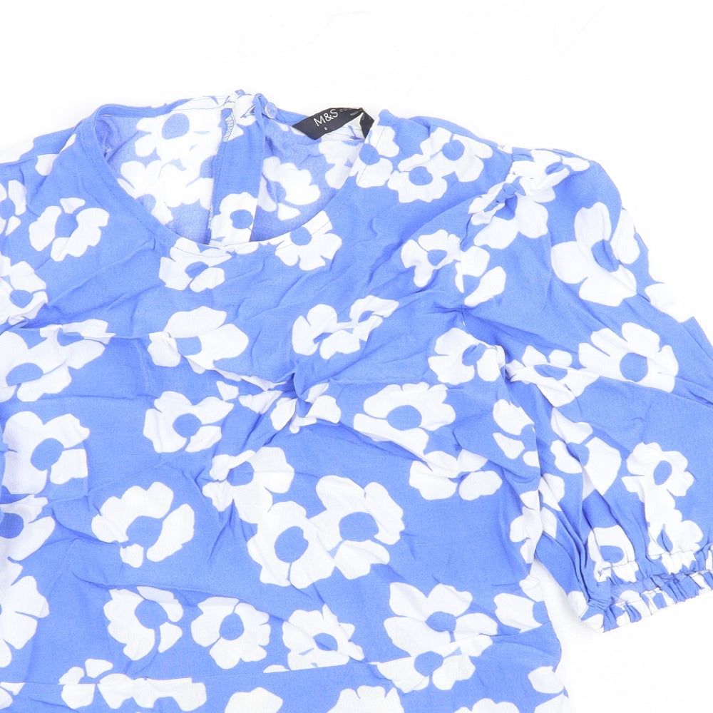 Marks and Spencer Womens Blue Floral Viscose Basic Blouse Size 6 Round Neck