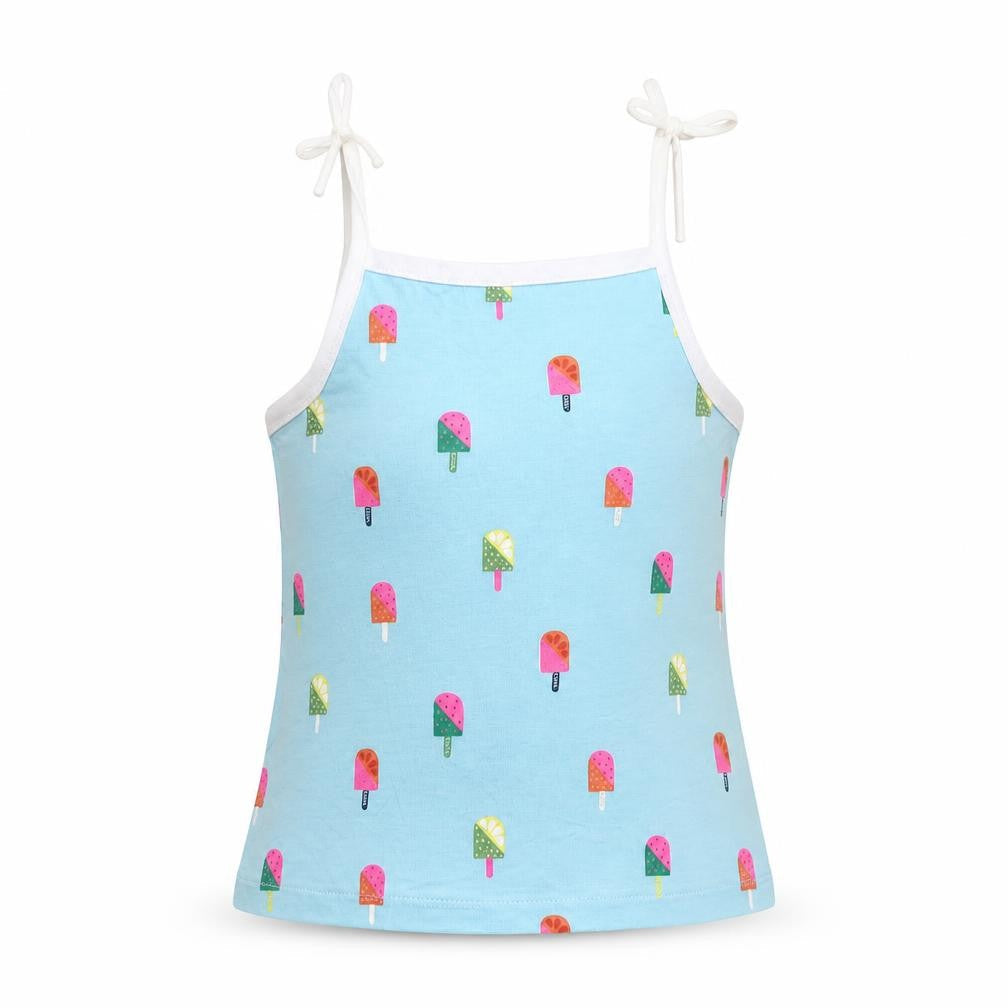 Front view of Marks & Spencer girls’ blue geometric cotton camisole tank, size 2-3, years square neck tie - ice lolly pattern