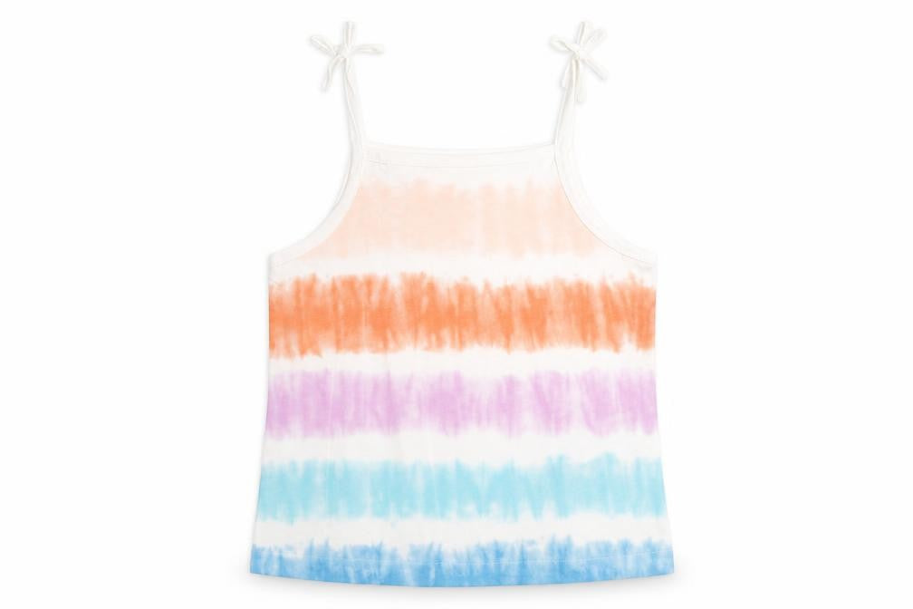 Front view of Marks & Spencer girls’ multicoloured cotton camisole tank, size 3-4, years square neck tie - tie dye effect