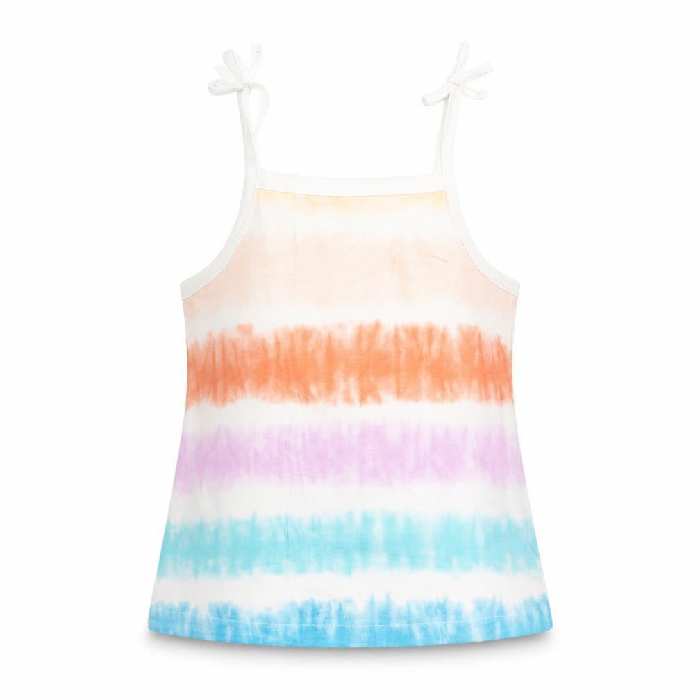 Front view of Marks & Spencer girls’ multicoloured cotton camisole tank, size 4-5, years square neck tie - tie dye effect
