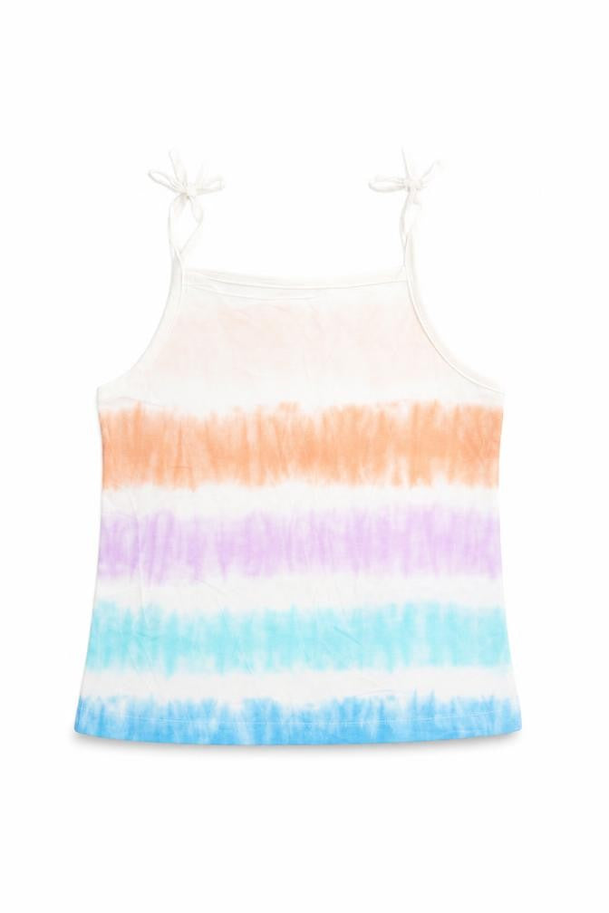 Front view of Marks & Spencer girls’ multicoloured cotton camisole tank, size 3-4, years square neck tie - tie dye effect
