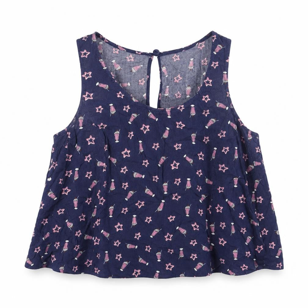 Front view of Henry Holland women’s blue geometric viscose cropped tank, size UK 6, scoop neck - milkshakes, stars