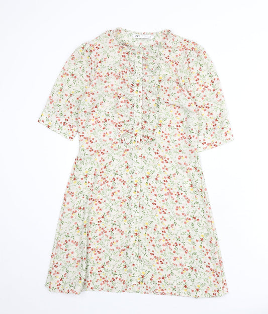 Zara Womens Multicoloured Floral Polyester A-Line Size M Round Neck Button