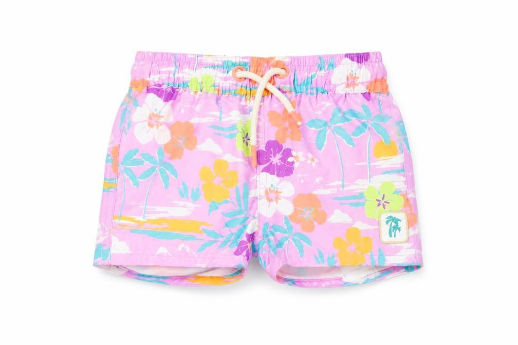 Front view of Marks & Spencer boys’ purple floral polyester cropped trousers, size 0-3, months drawstring - swim shorts