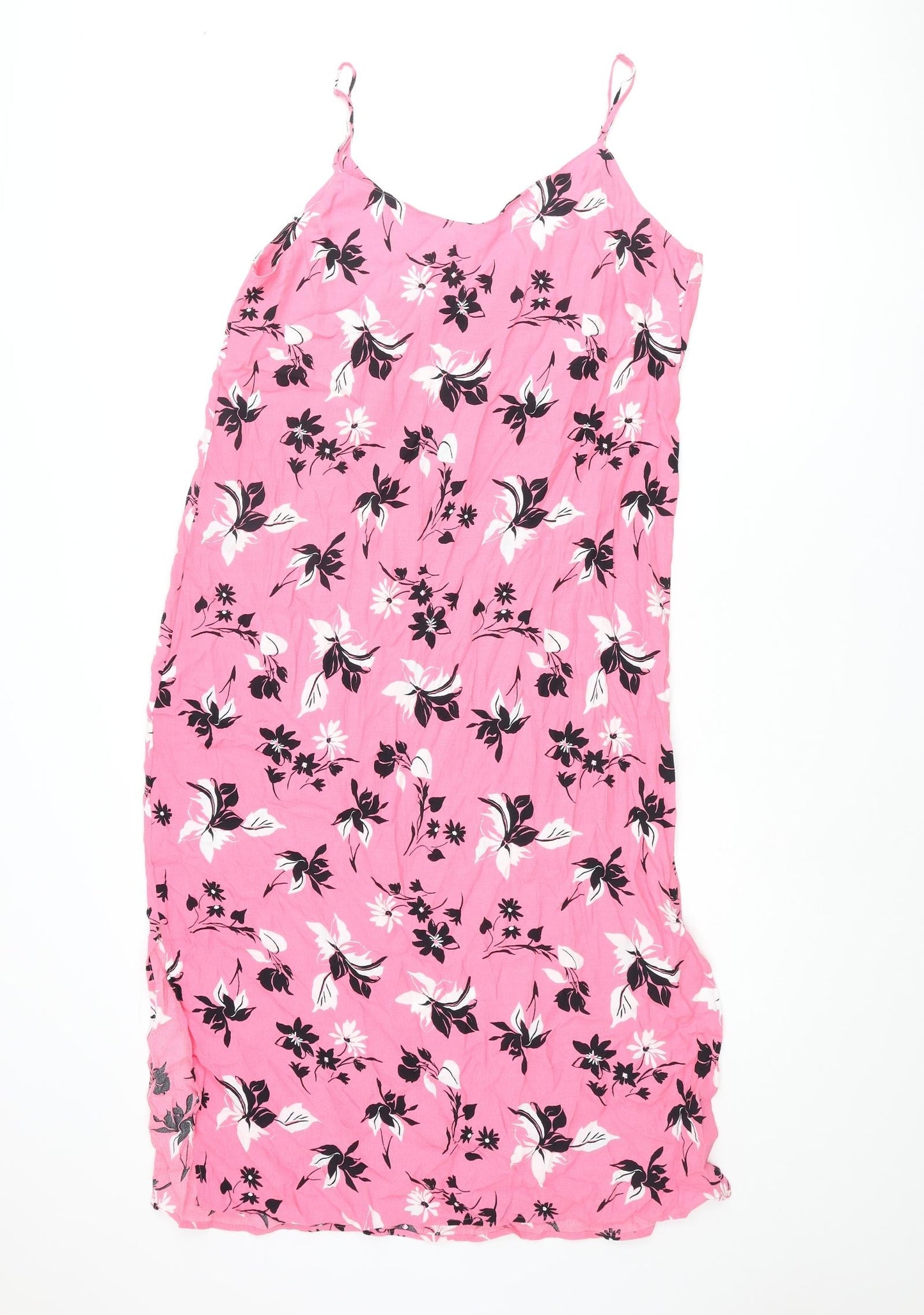 Marks and Spencer Womens Pink Floral Viscose Shift Size 14 Scoop Neck Pullover - Side Slits