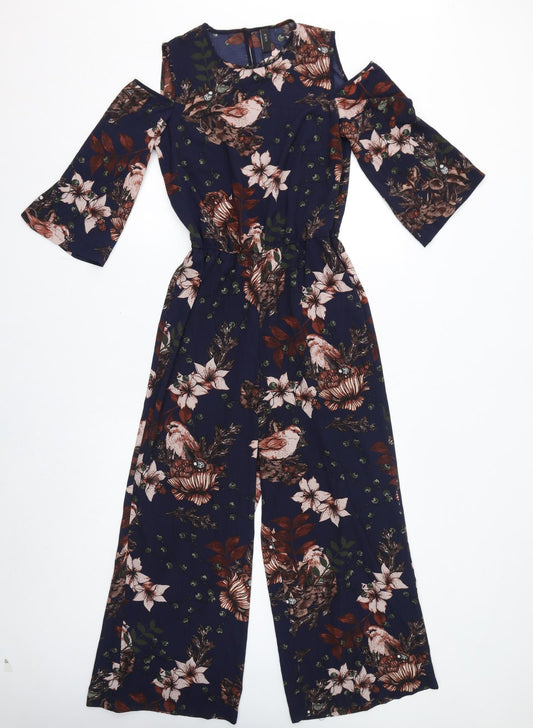 Y.A.S Womens Blue Floral Polyester Jumpsuit One-Piece Size S L25 in Button - Open Shoulder, Birds, Leaves