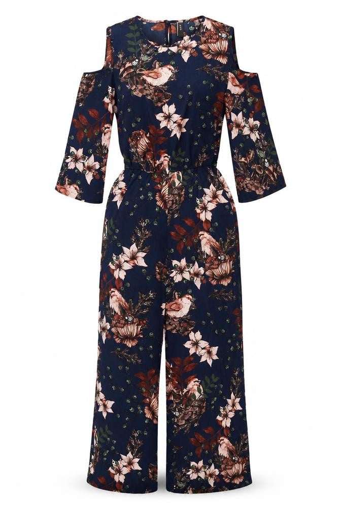 Y.A.S Womens Blue Floral Polyester Jumpsuit One-Piece Size S L25 in Button - Open Shoulder, Birds, Leaves