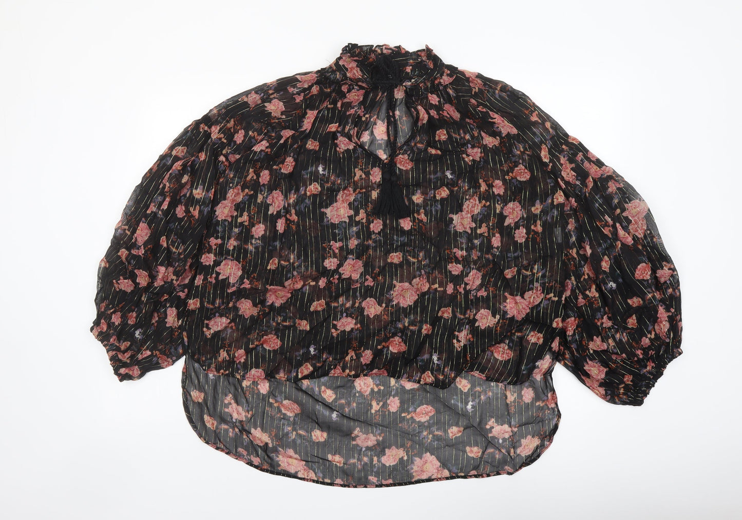 Zara Womens Black Floral Polyester Basic Blouse Size M Mock Neck