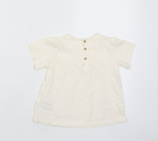 Marks and Spencer Girls Beige Cotton Basic T-Shirt Size 2-3 Years Crew Neck Button - Pleated