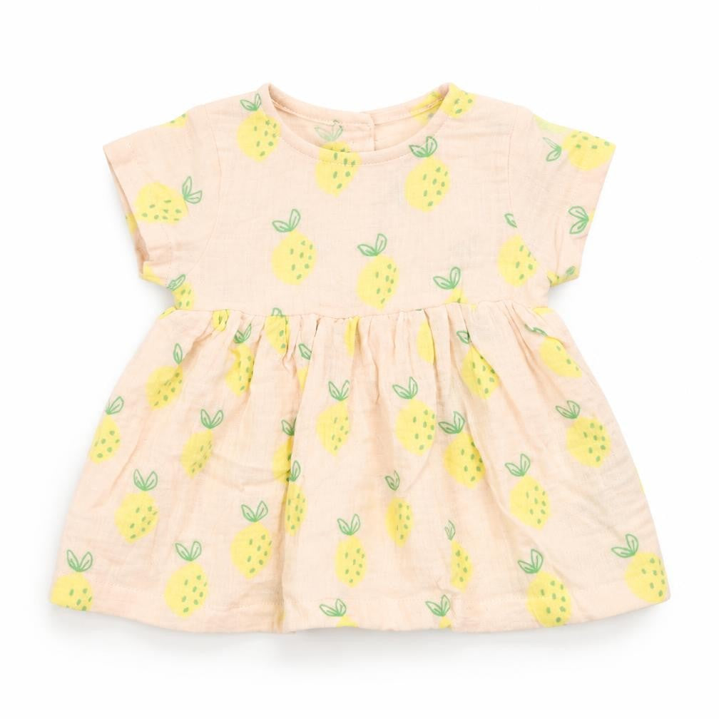 Marks and Spencer Girls Pink Geometric Cotton A-Line Size 0-3 Months Crew Neck Button - Lemon Print