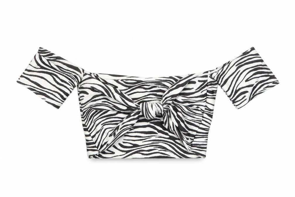 PRETTYLITTLETHING Womens White Animal Print Polyester Cropped T-Shirt Size 10 Off the Shoulder - Twist Front