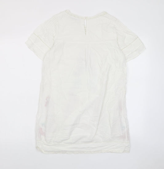 ANANY Womens White Floral Polyester A-Line Size S Crew Neck Button - Embroided