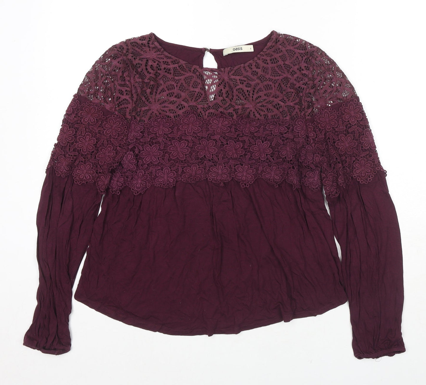 Oasis Womens Purple Viscose Basic Button-Up Size S Round Neck - Lace Detail