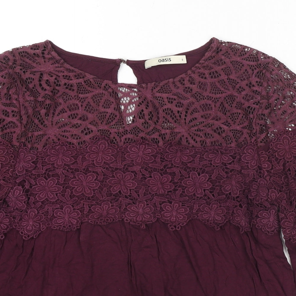 Oasis Womens Purple Viscose Basic Button-Up Size S Round Neck - Lace Detail