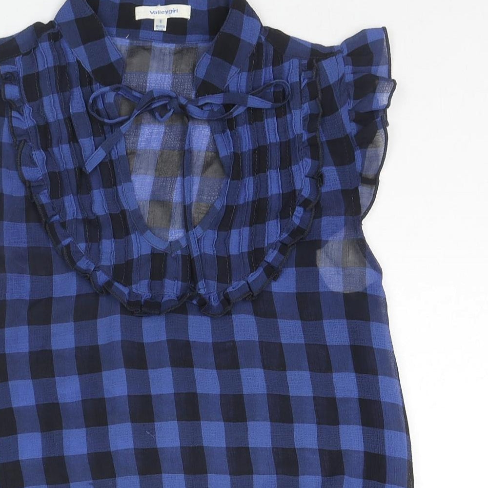 ValleyGirl Womens Blue Check Polyester Basic Blouse Size 6 V-Neck