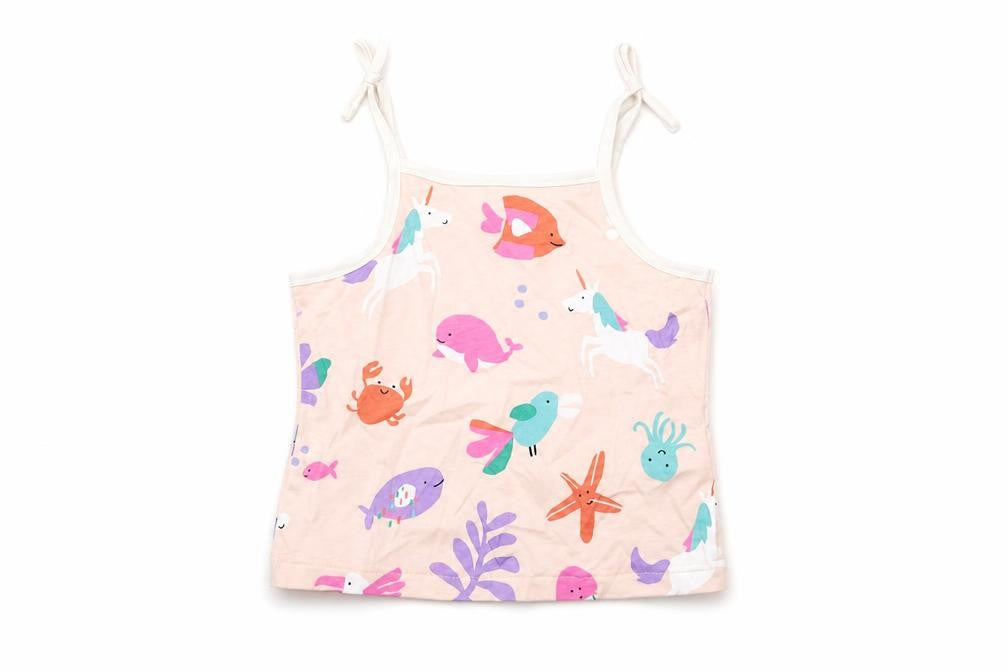Front view of Marks & Spencer girls’ multicoloured geometric cotton basic tank, size 2-3, years square neck pullover