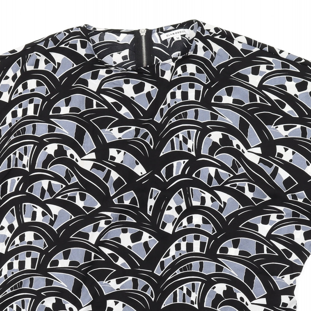 Glamorous Womens Black Geometric Polyester T-Shirt Dress Size M Round Neck Zip