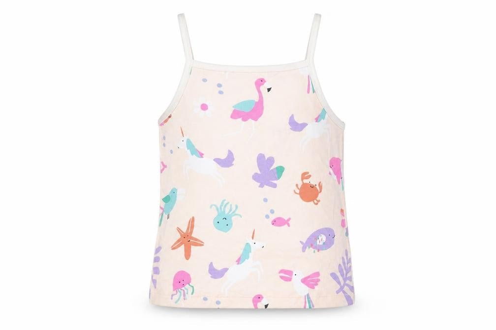 Front view of Marks & Spencer girls’ pink geometric cotton basic tank, size 5-6, years square neck pullover