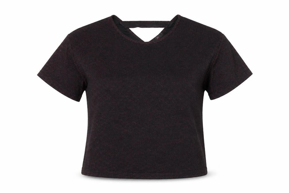Simon Jeffrey Womens Black Nylon Basic T-Shirt Size 16 Round Neck - Glitter Detail