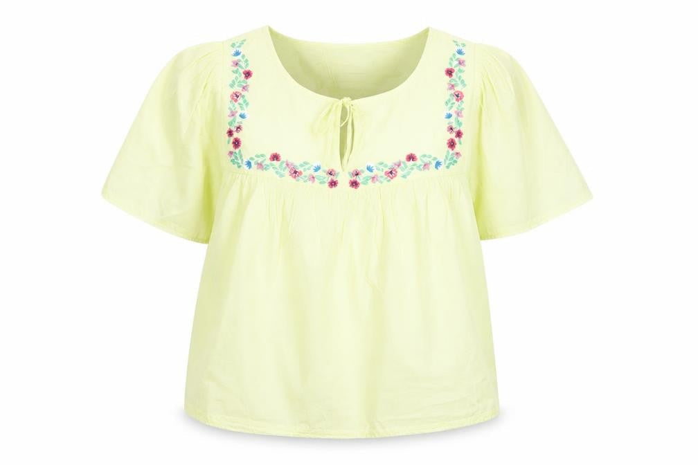 Marks and Spencer Womens Yellow Floral Cotton Basic Blouse Size 12 Round Neck - Embroidered Flowers Keyhole Neckline
