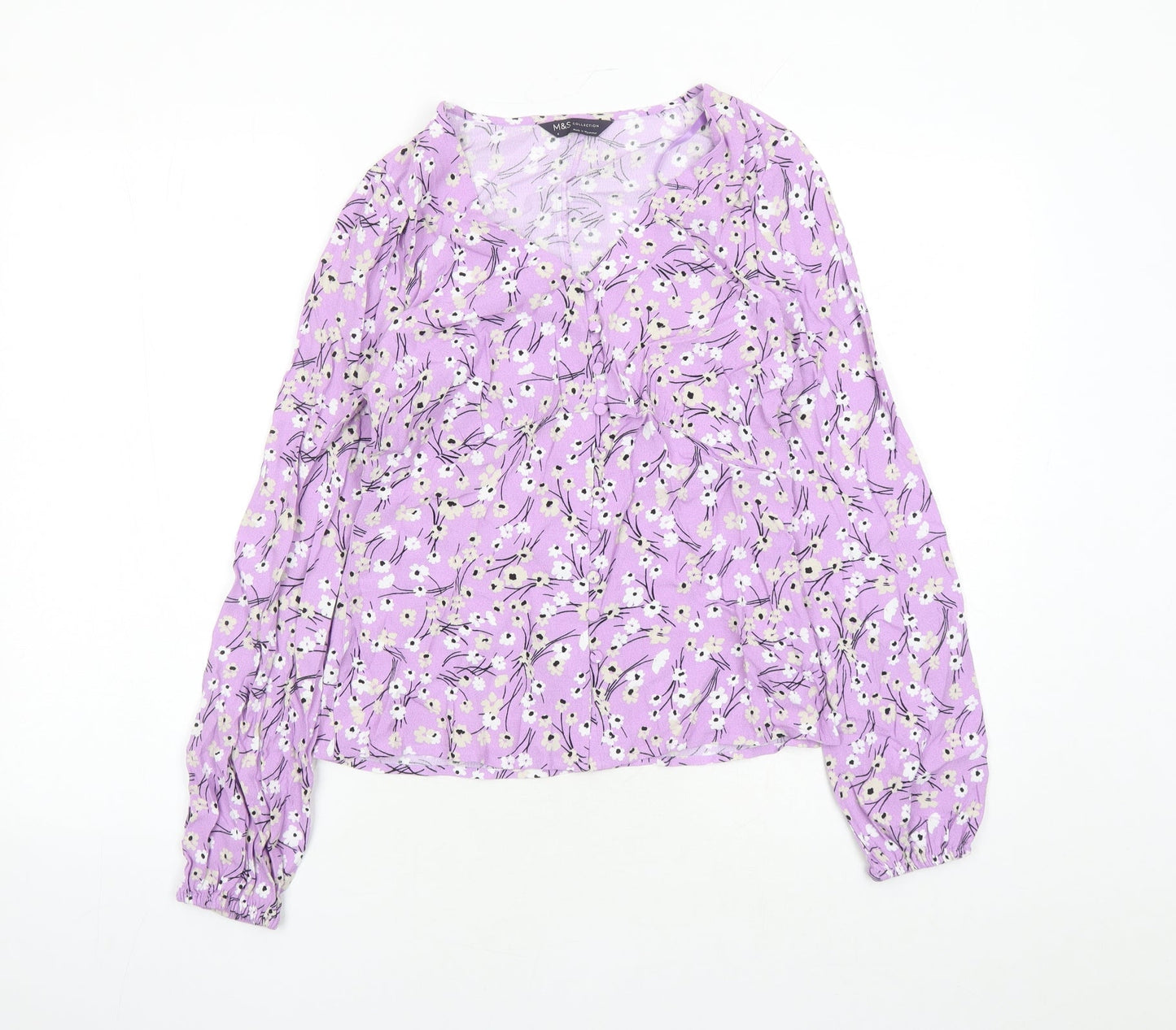 Marks and Spencer Womens Purple Floral Viscose Basic Button-Up Size 6 V-Neck
