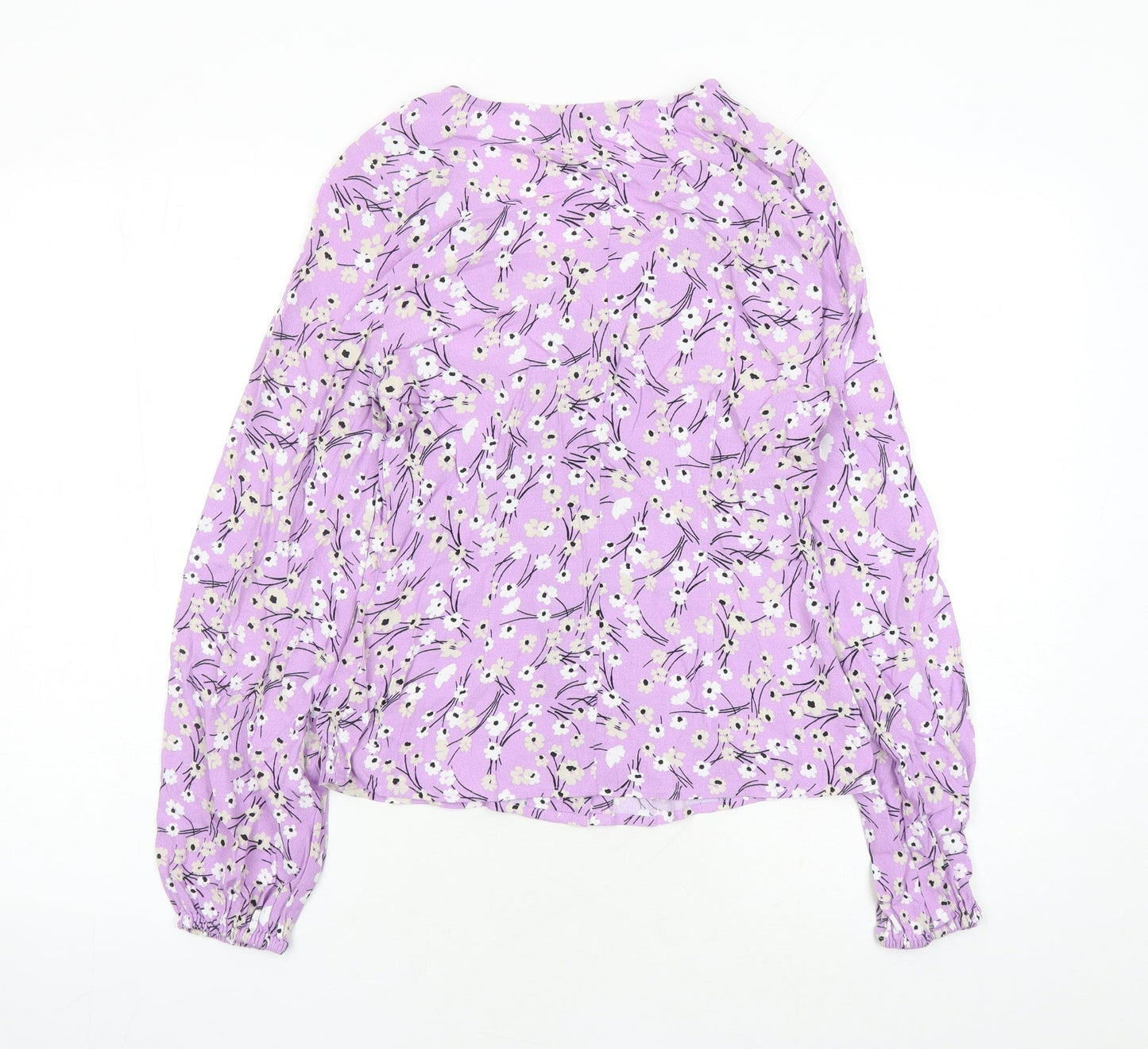 Marks and Spencer Womens Purple Floral Viscose Basic Button-Up Size 6 V-Neck