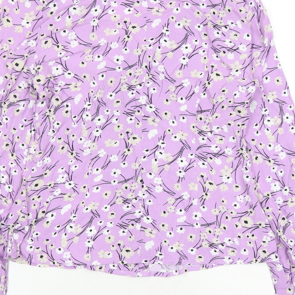 Marks and Spencer Womens Purple Floral Viscose Basic Button-Up Size 6 V-Neck