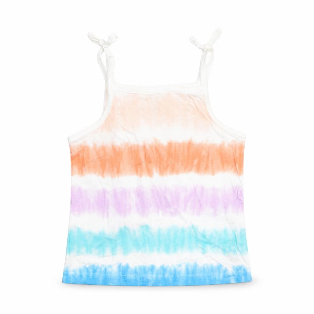 Front view of Marks & Spencer girls’ multicoloured cotton camisole tank, size 2-3, years square neck tie - tie dye effect