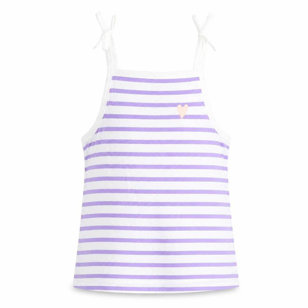 Front view of Marks & Spencer girls’ white striped cotton camisole tank, size 2-3, years square neck tie - heart detail
