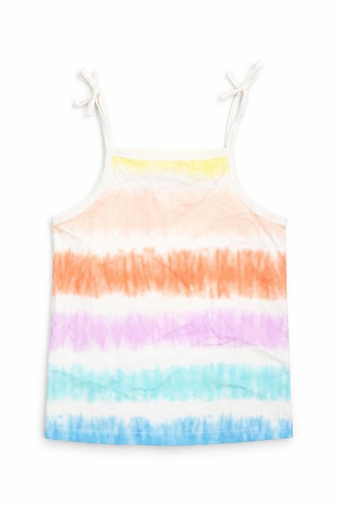 Front view of Marks & Spencer girls’ multicoloured cotton camisole tank, size 4-5, years square neck tie - tie dye effect