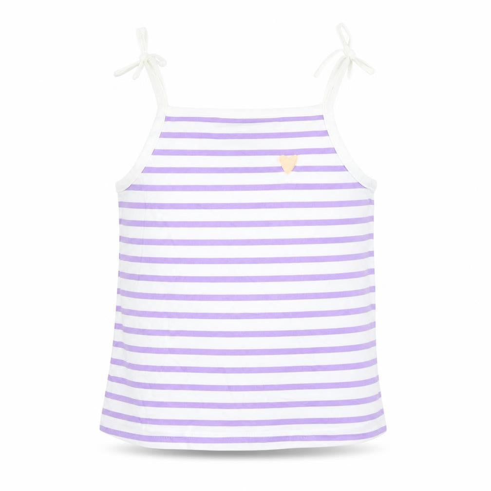 Front view of Marks & Spencer girls’ white striped cotton camisole tank, size 2-3, years square neck tie - heart detail