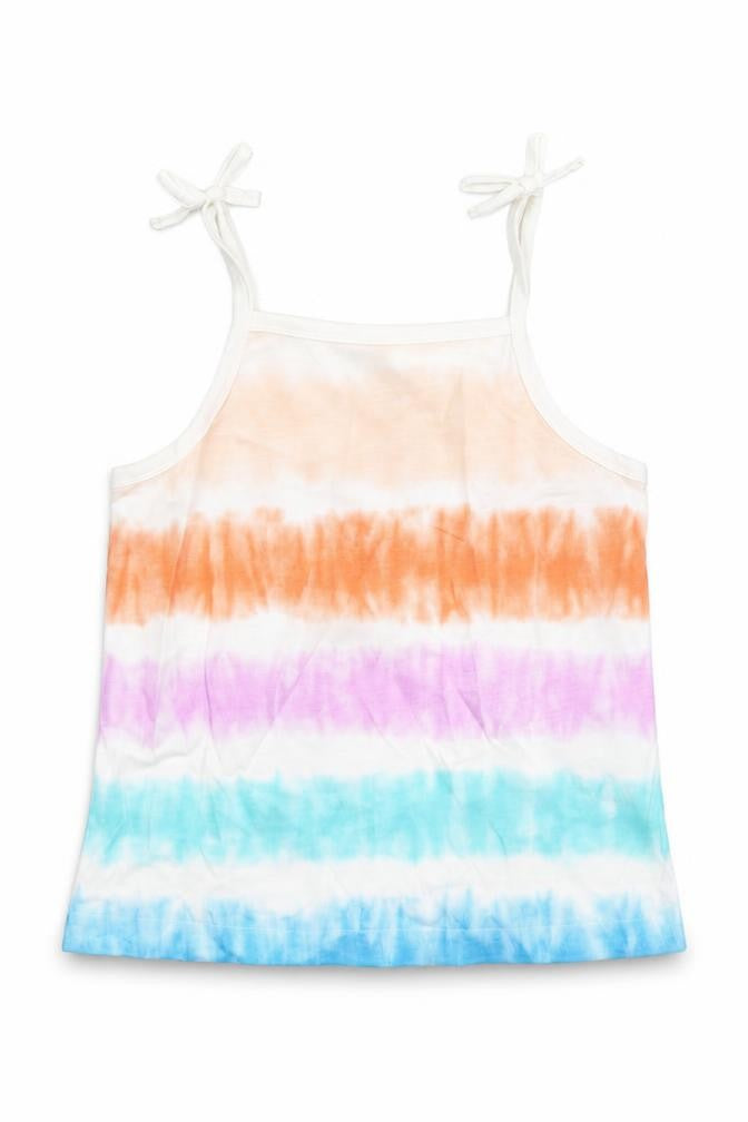 Front view of Marks & Spencer girls’ multicoloured cotton camisole tank, size 2-3, years square neck tie - tie dye effect