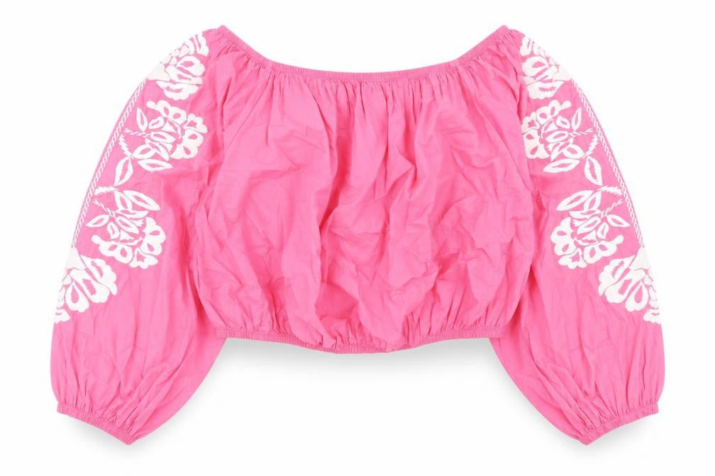 Marks and Spencer Womens Pink Floral Cotton Cropped Blouse Size 20 Boat Neck - Embroidered Flowers