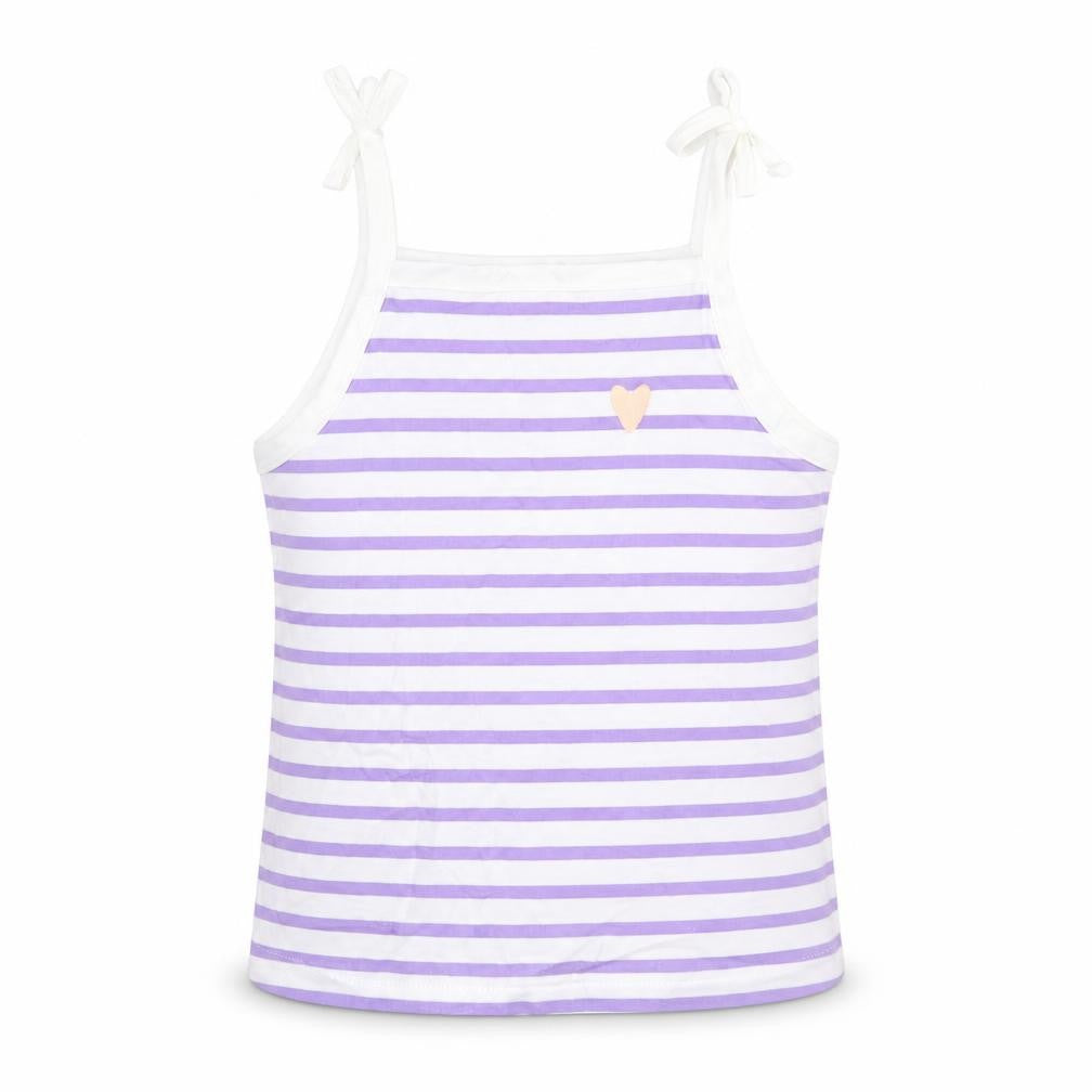 Front view of Marks & Spencer girls’ white striped cotton camisole tank, size 2-3, years square neck tie - heart detail