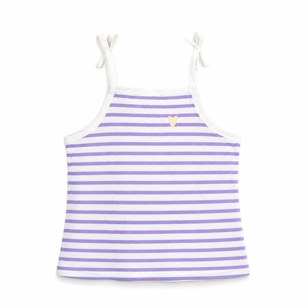 Front view of Marks & Spencer girls’ white striped cotton camisole tank, size 2-3, years square neck tie - heart detail
