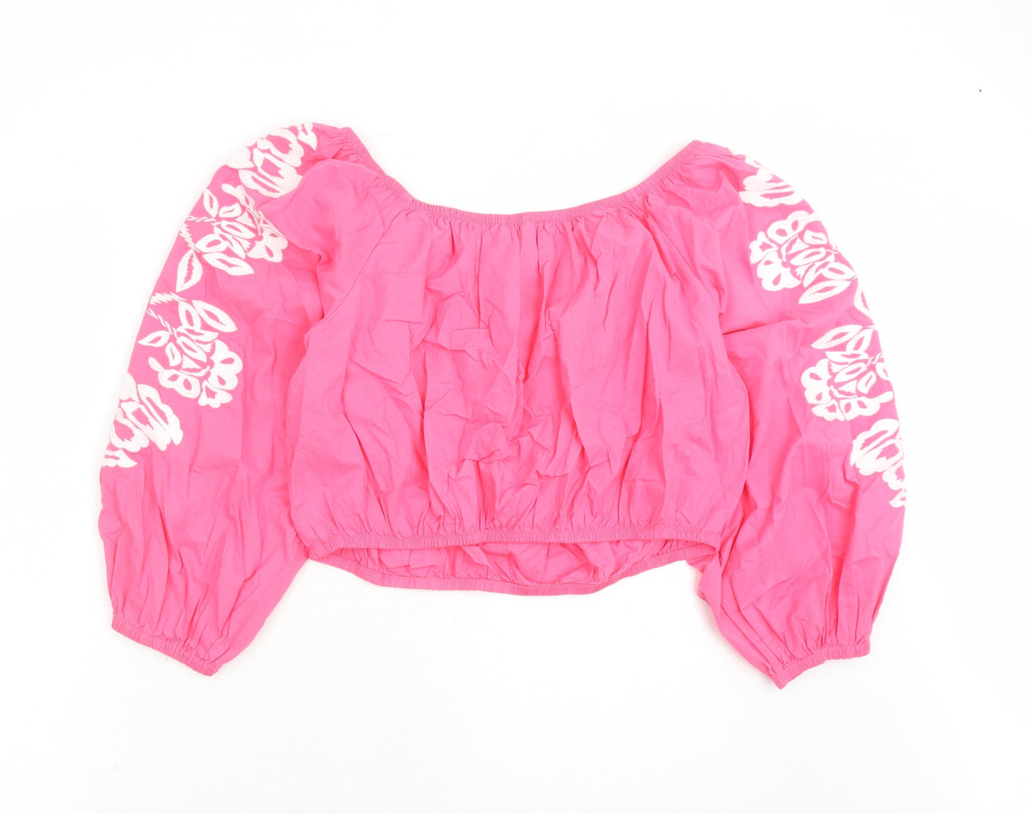 Marks and Spencer Womens Pink Floral 100% Cotton Cropped Blouse Size 18 Boat Neck - Embroidered Detail