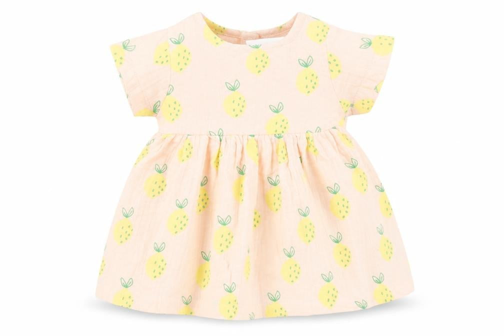 Front view of Marks & Spencer girls’ pink geometric cotton a-line, size 3-6, months crew neck button