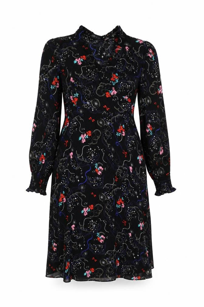 Marks and Spencer Womens Black Geometric Viscose A-Line Size 10 V-Neck Zip - Flowers