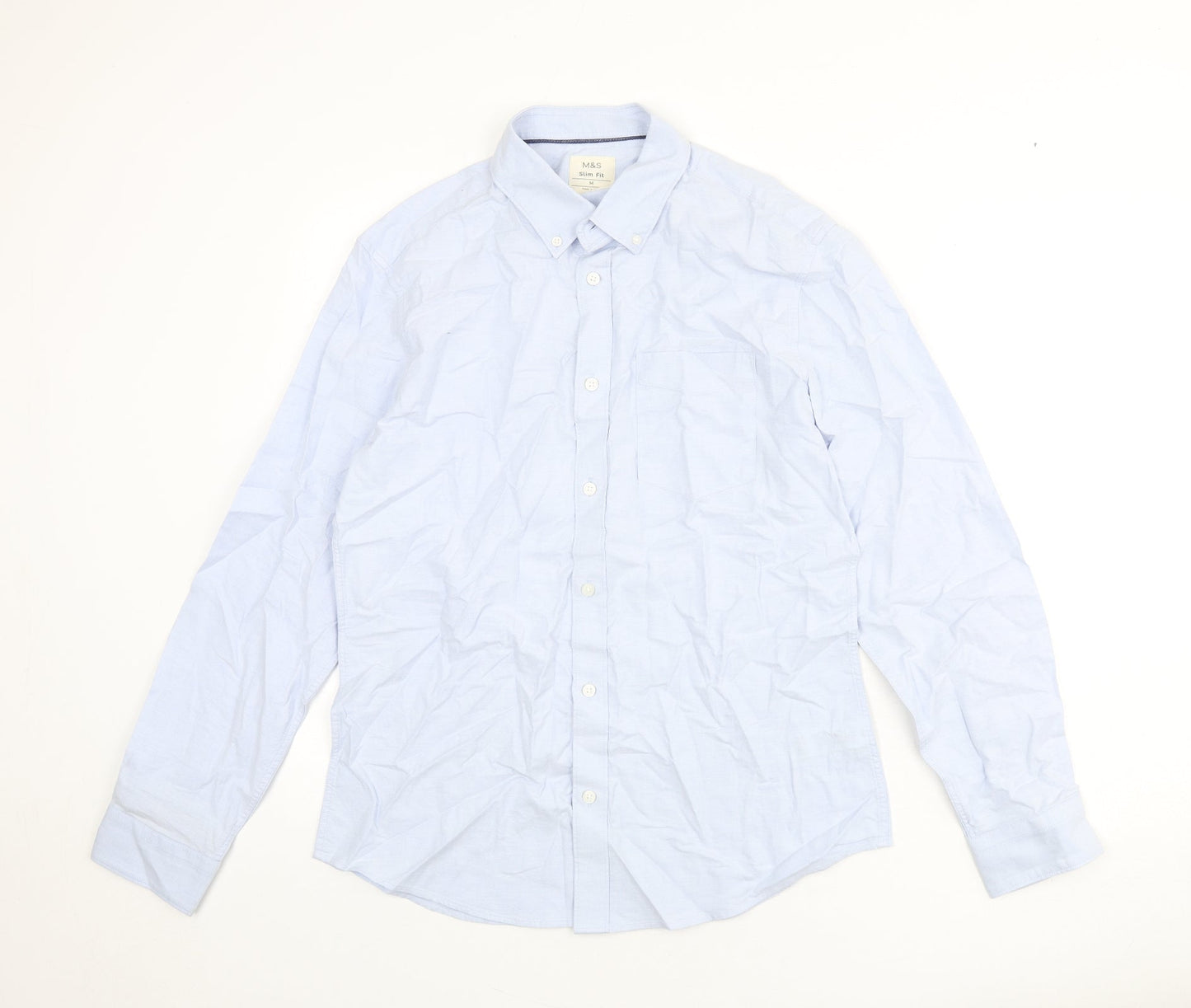 Marks and Spencer Mens Blue Cotton Button-Up Size M Collared Button