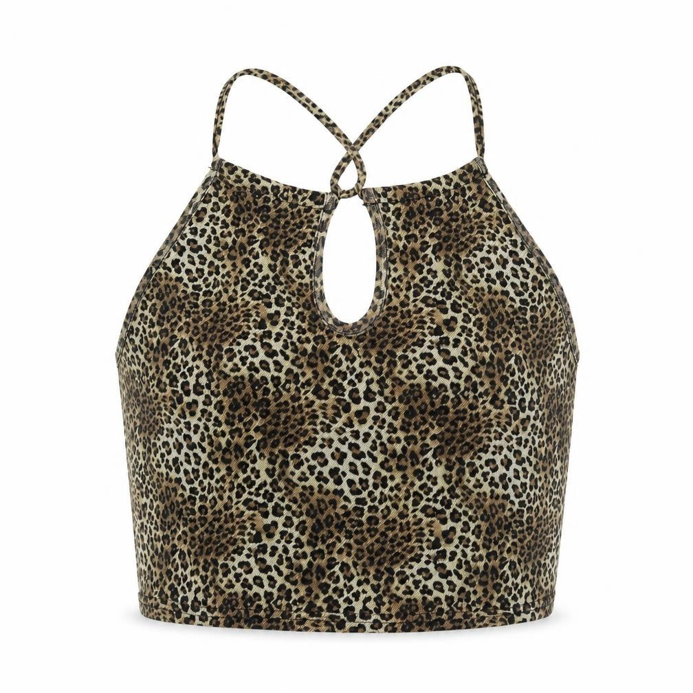 Front view of Urban renewal women’s multicoloured animal print polyester camisole tank, round neck - leopard print, keyhole