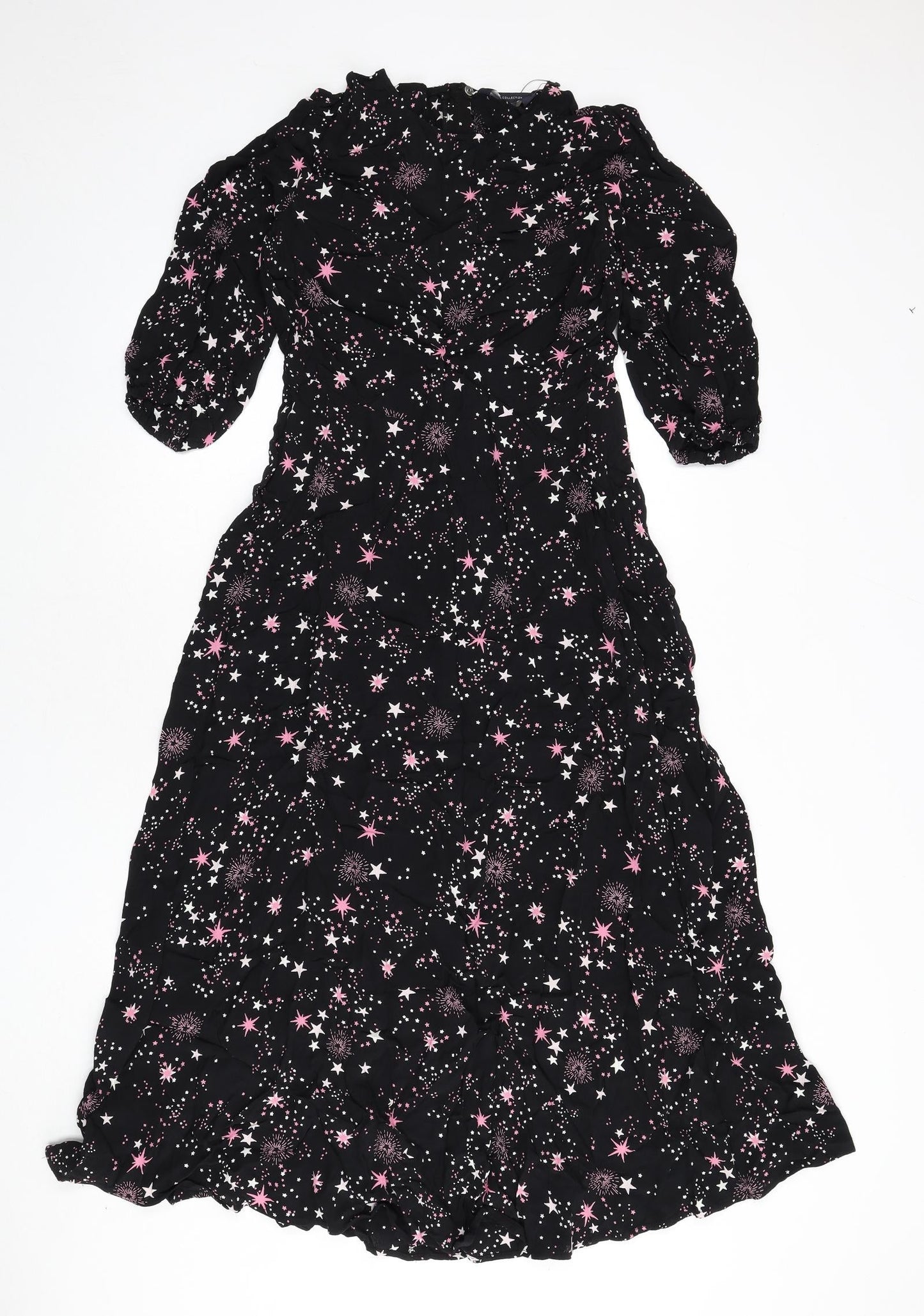 Marks and Spencer Womens Black Geometric Viscose A-Line Size 10 Round Neck Zip - Star Print