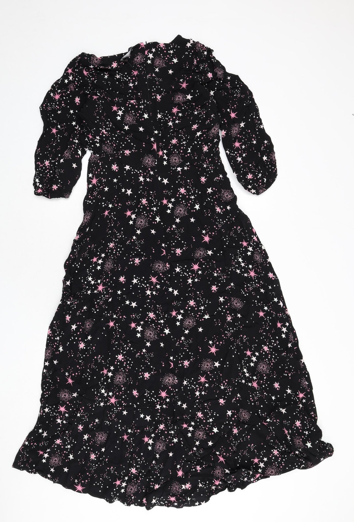 Marks and Spencer Womens Black Geometric Viscose A-Line Size 10 Round Neck Zip - Star Print